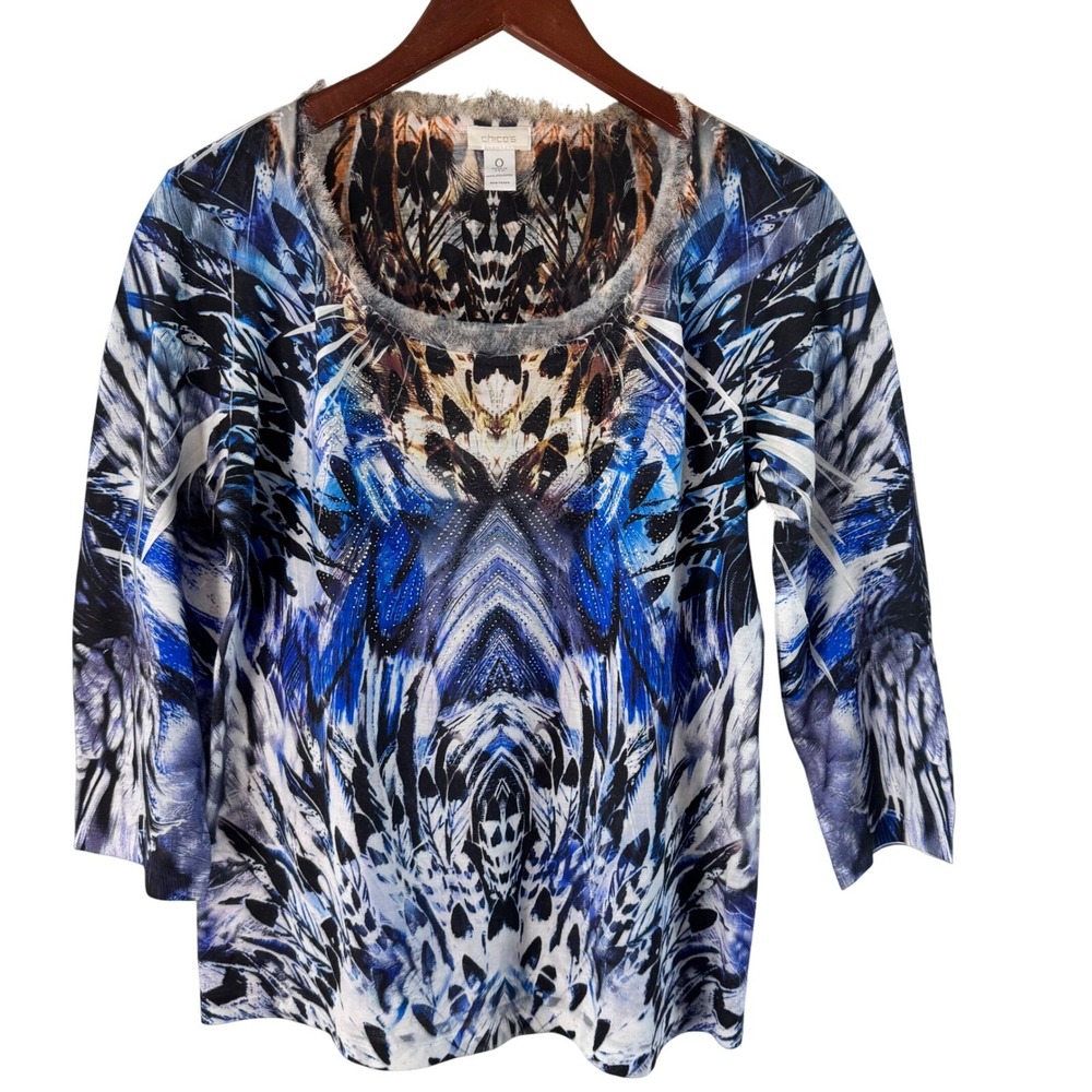Chico's Abstract Print‎ Embellished Neck 3/4 Sleeve Top Blouse Size 0